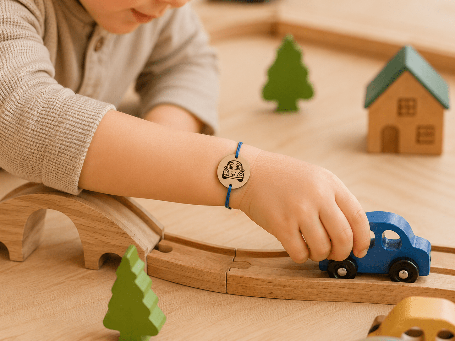 bracelet ajustable cordon noeud coulissant porté par un enfant qui joue à la voiture