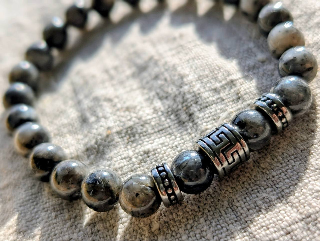 Bracelet élastique homme en pierre naturelle labradorite noire larvikite et perles acier inoxydable