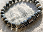 Bracelet élastique homme en pierre naturelle labradorite noire larvikite et perles acier inoxydable