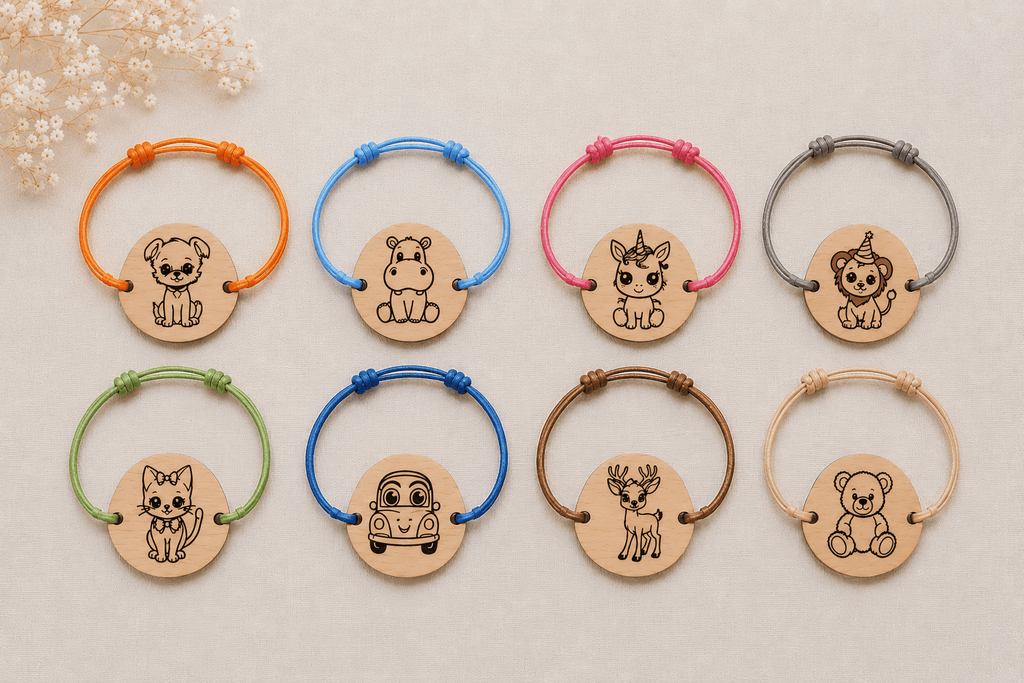 Collection de 8 bracelets enfant en bois gravé forme ronde, cordons colorés (orange, bleu, rose, gris, vert, bleu, marron, beige), motifs : chien, hippopotame, licorne, lion, chat, voiture, cerf, ourson