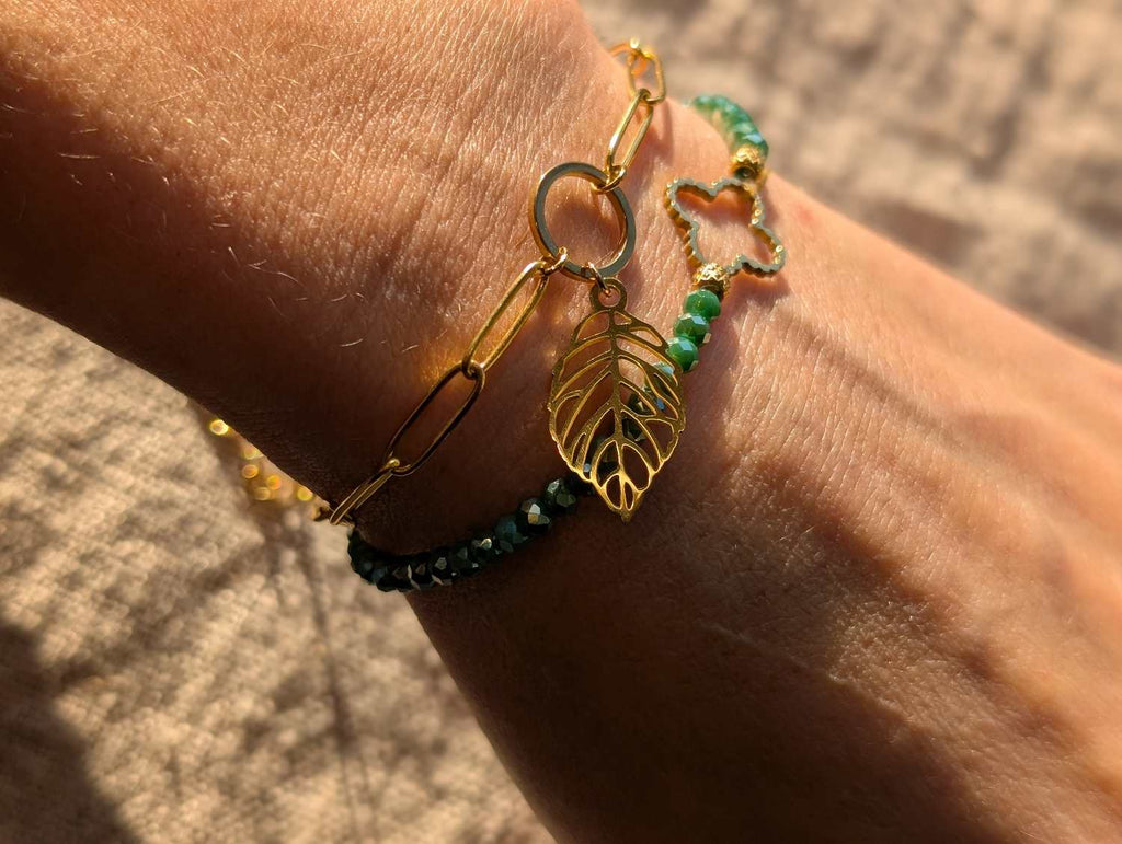 Parure Bijoux Feuille Perles Vert Lagon Dorée