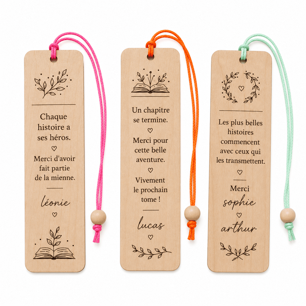 Trois marque-pages en bois gravés personnalisés cordons rose orange vert – Artesama