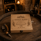 Gros plan de la gravure laser Château Maman sur coffret sommelier bois personnalisé cave à vin tonneau ambiance chaleureuse cadeau fête des mères, prénoms gravés sur le couvercle