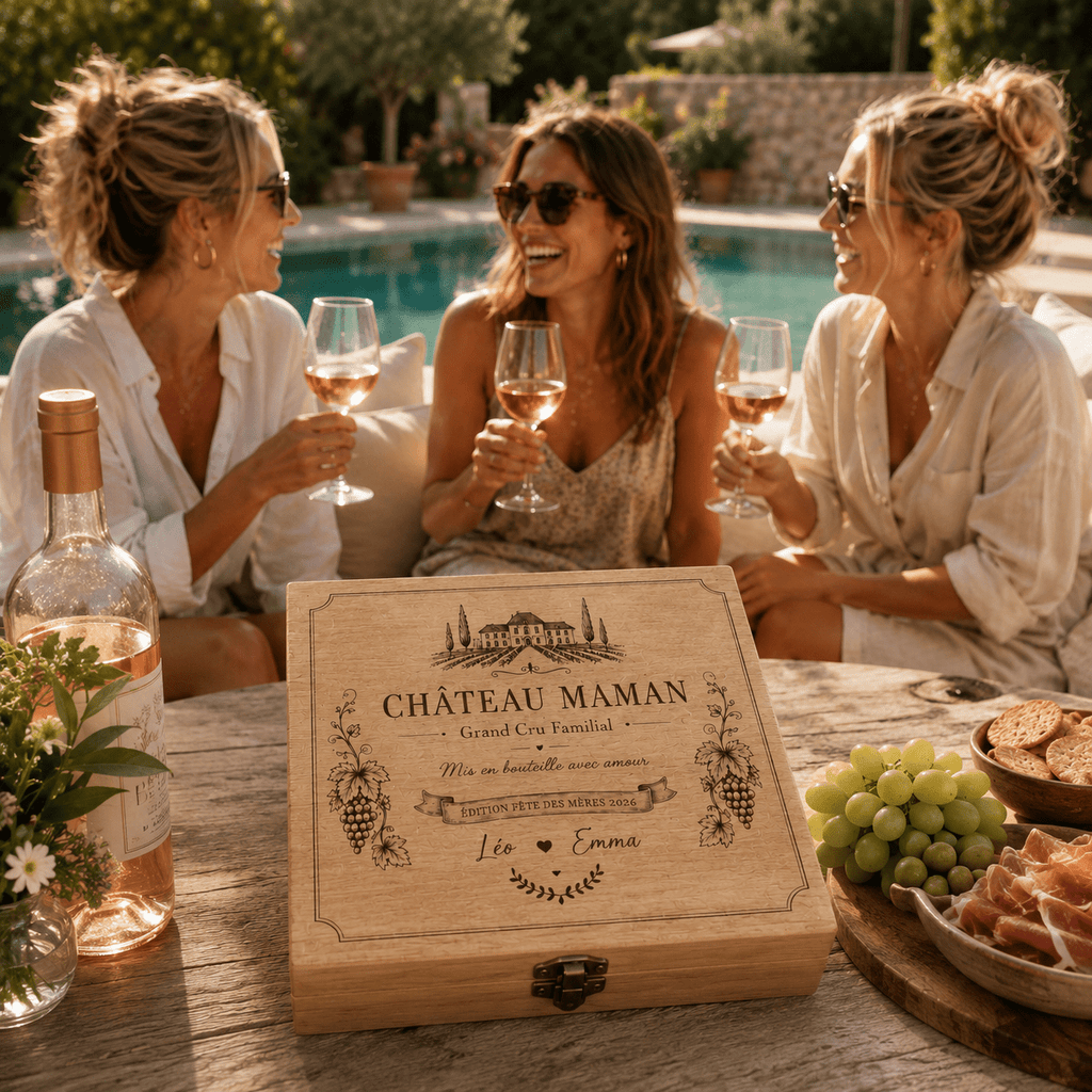 Coffret sommelier bois gravé Château Maman Grand Cru Familial copines rosé été cadeau personnalisé fête des mères