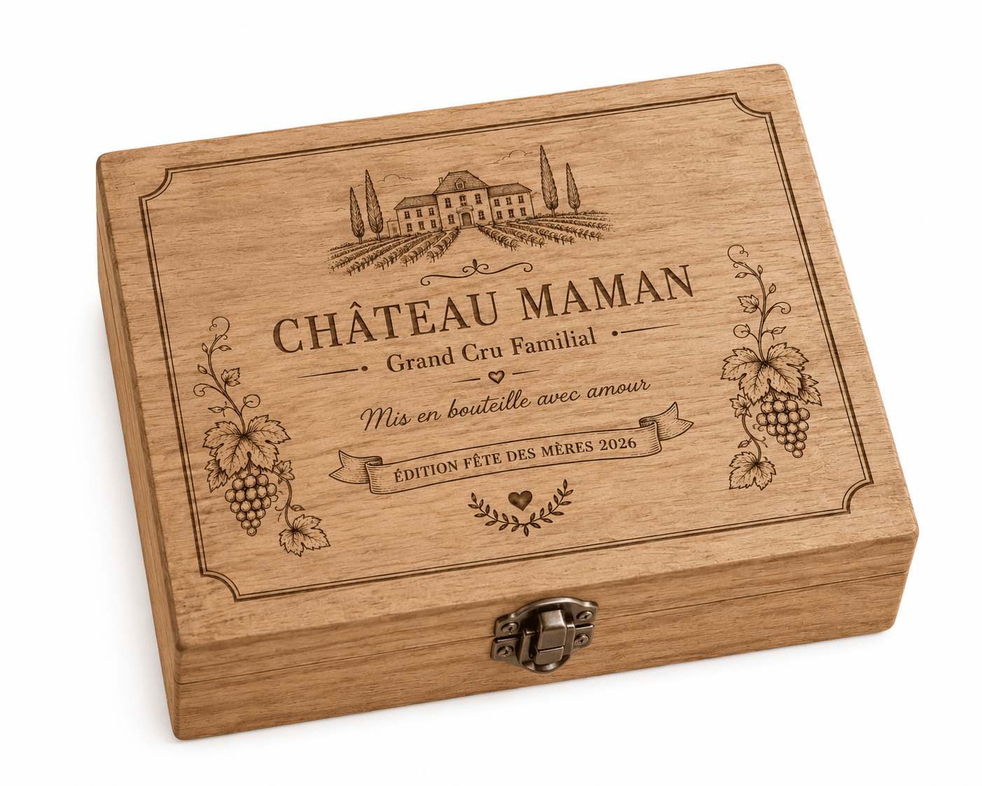 Coffret sommelier personnalisé en bois gravé laser, modèle Château Maman Grand Cru Familial, cadeau fête des mères