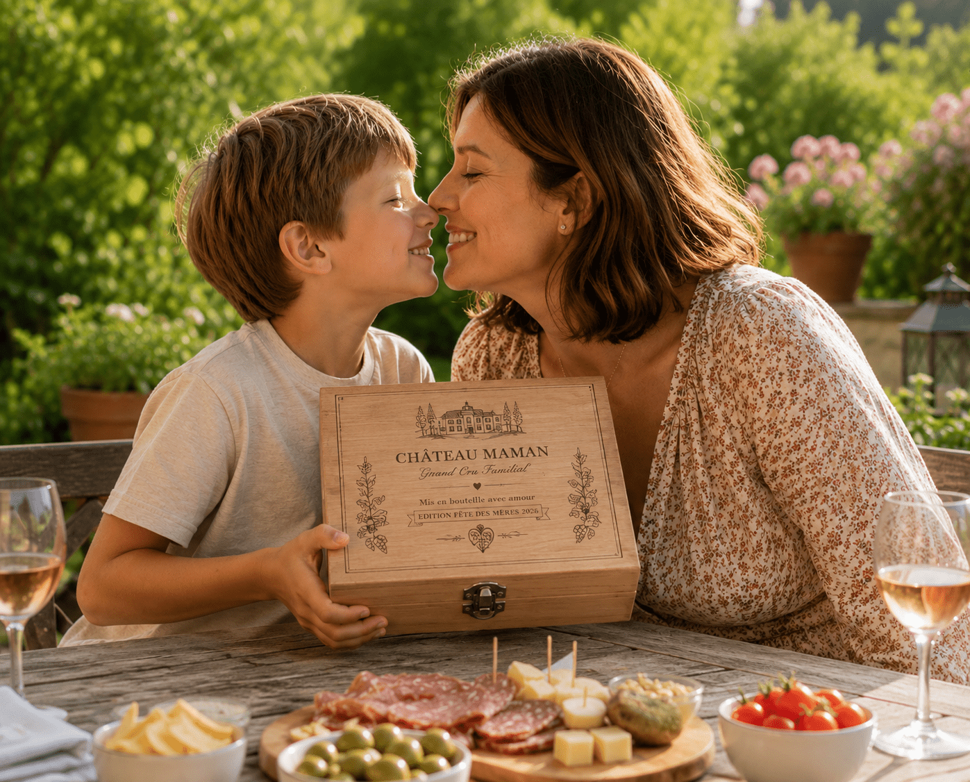 Enfant offrant un coffret sommelier bois personnalisé à sa maman pour la fête des mères au jardin