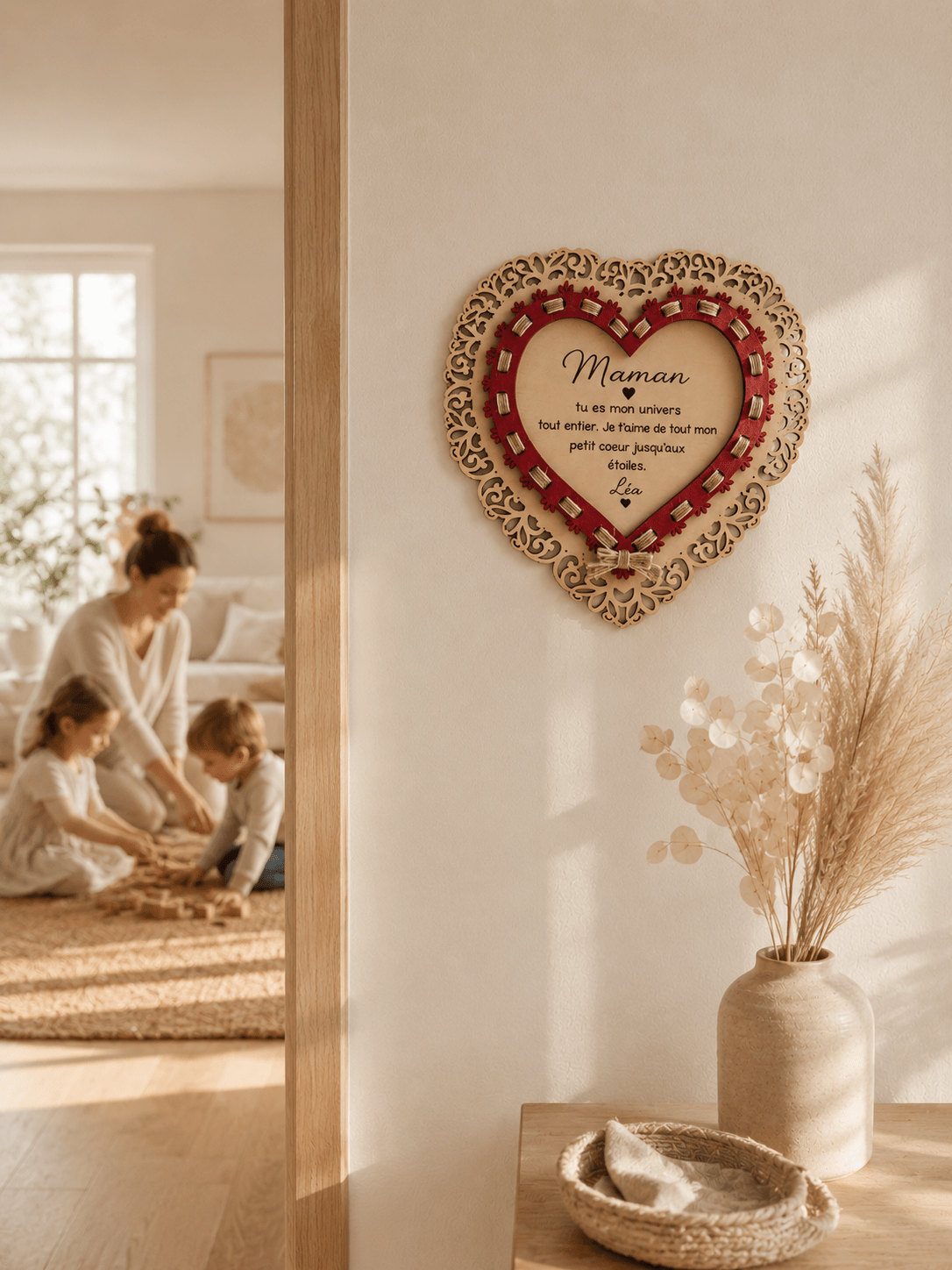 Cœur bois dentelle gravé laser rouge message Maman personnalisé cadeau fête des mères