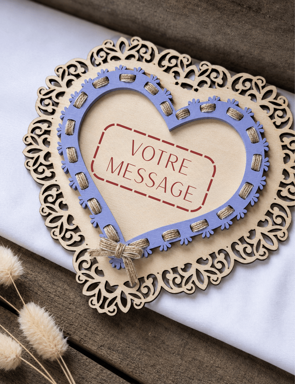 Cœur bois dentelle personnalisable message gravé laser lavande votre message cadeau fait main Artesama
