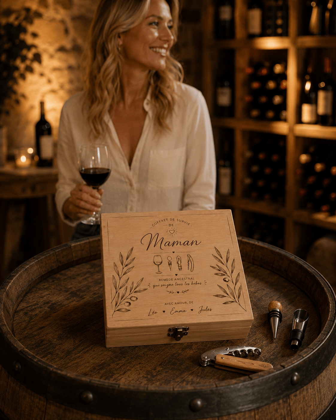 Coffret cadeau sommelier personnalisé posé sur un tonneau dans une cave à vin, cadeau original fête des mères