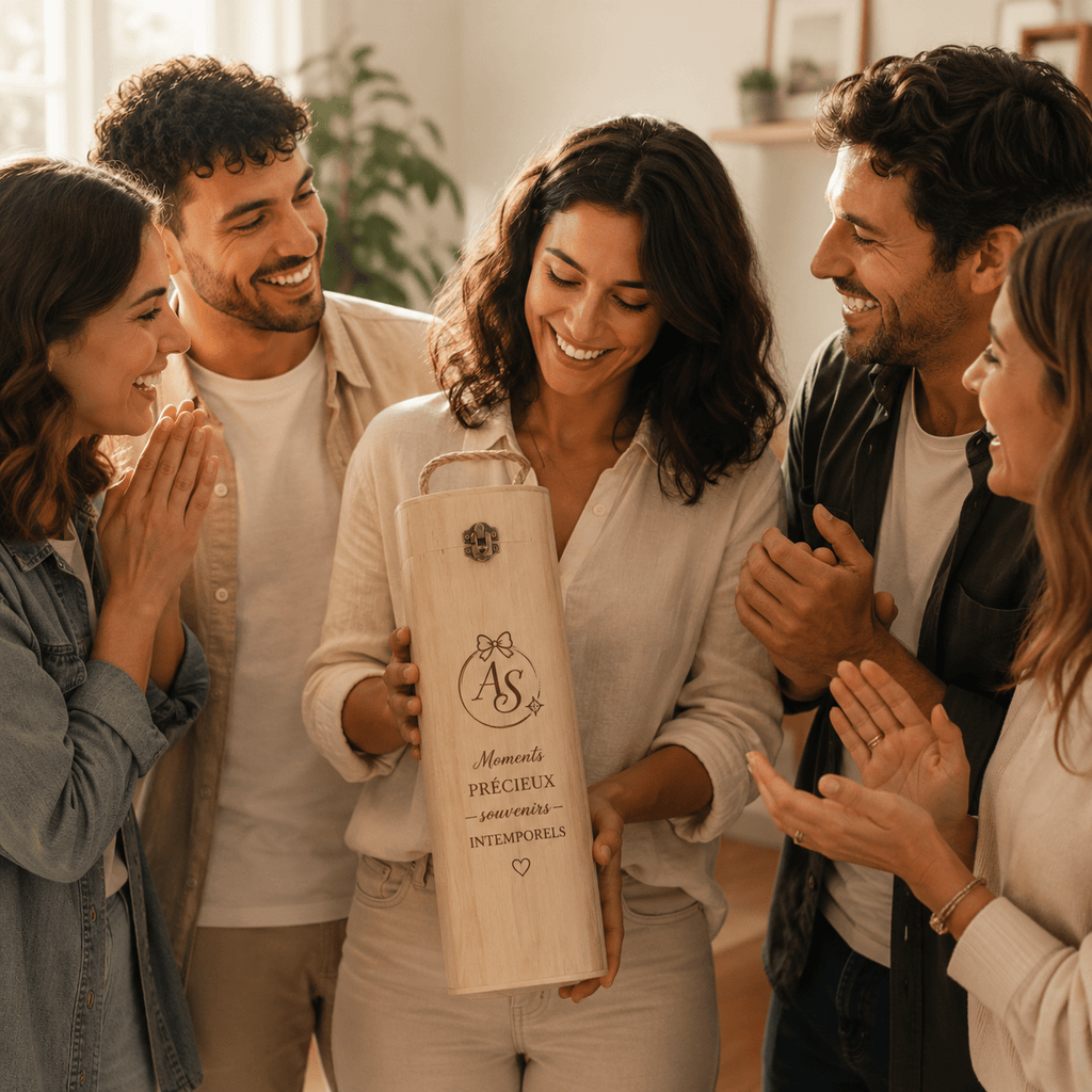 Coffret bois 1 bouteille personnalisé gravé laser initiales message cadeau groupe amis fait main France Artesama