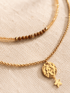 Détail collier 2 rangs perles aventurine nude irisées dorées acier inoxydable bijou femme — Artesama