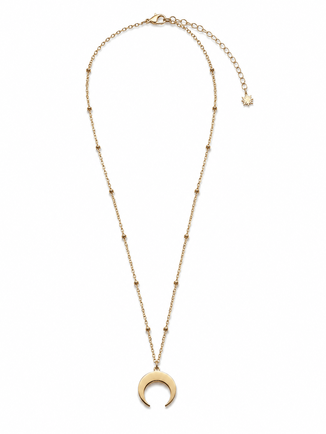 Collier corne lune doré chaîne satellite acier inoxydable hypoallergénique fond blanc