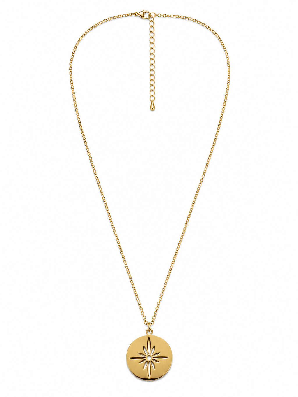 Collier médaillon étoile doré ajouré sur chaîne fine acier inoxydable hypoallergénique fond blanc
