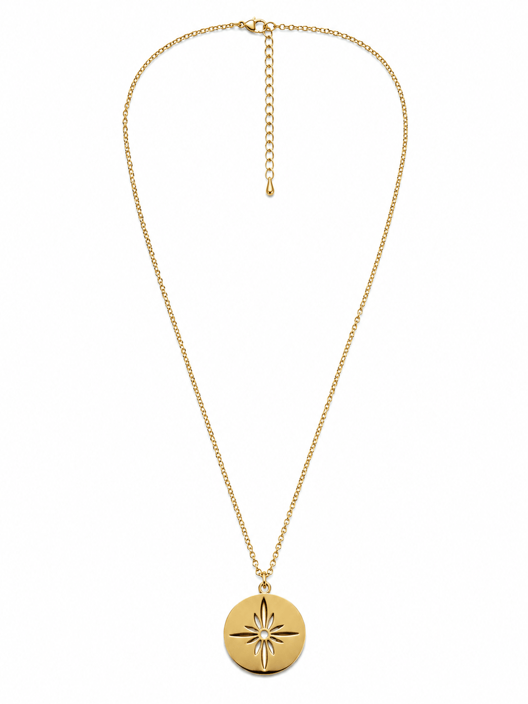 Collier médaillon étoile doré ajouré sur chaîne fine acier inoxydable hypoallergénique fond blanc