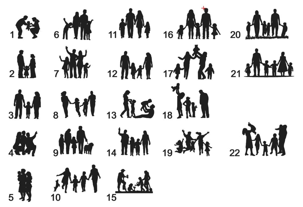 Choix de 22 silhouettes familiales numérotées pour personnaliser votre lanterne lumineuse - compositions avec parents et 1 à 5 enfants