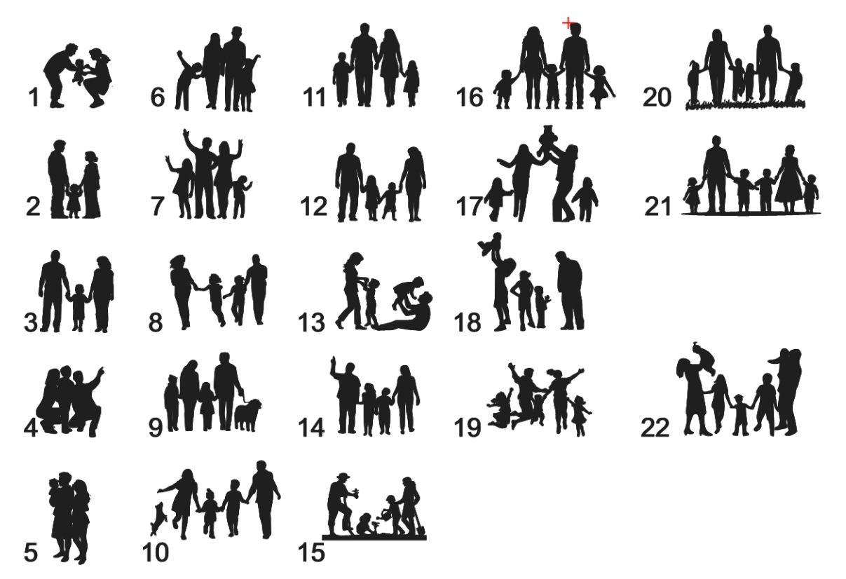 Choix de 22 silhouettes familiales numérotées pour personnaliser votre lanterne lumineuse - compositions avec parents et 1 à 5 enfants