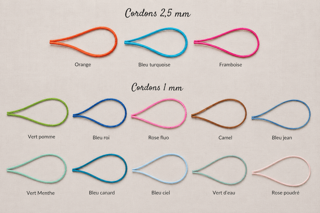 choix de cordons pour bracelets ajustables enfants de 2.5 mm à 1 mm 13 couleurs au choix bracelet fait main sur commande
