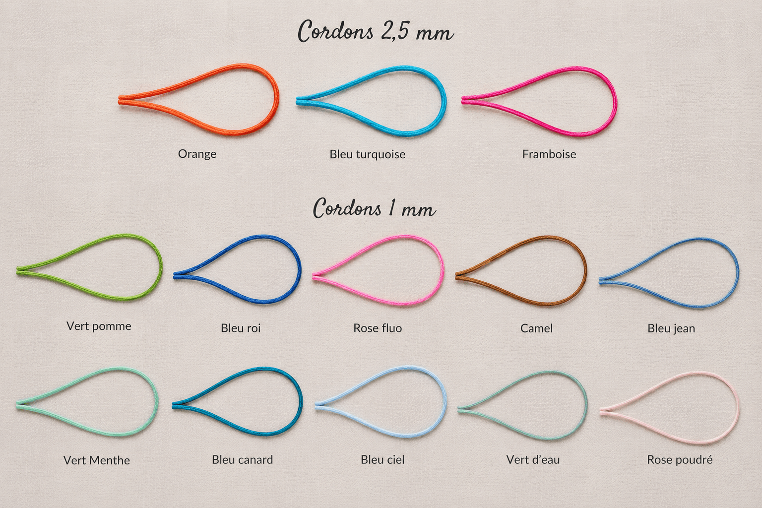 choix de cordons pour bracelets ajustables enfants de 2.5 mm à 1 mm 13 couleurs au choix bracelet fait main sur commande