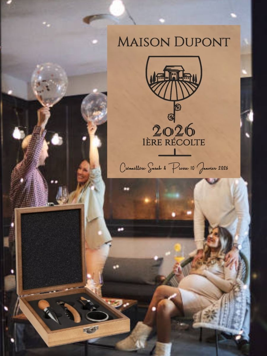 Coffret sommelier bois gravé Maison Dupont 2026 Première Récolte cadeau crémaillère