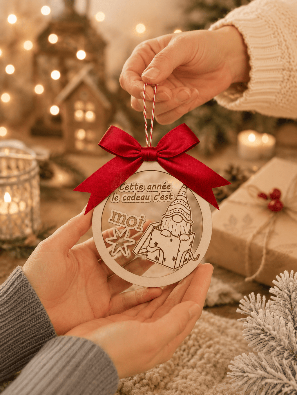 Boule Noël bois personnalisée cadeau naissance humour "cette année le cadeau c'est moi" — Artesama