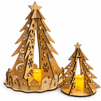 Duo de sapins de Noël lumineux en bois avec bougie LED – grand sapin village et petit sapin étoilé, Artesama