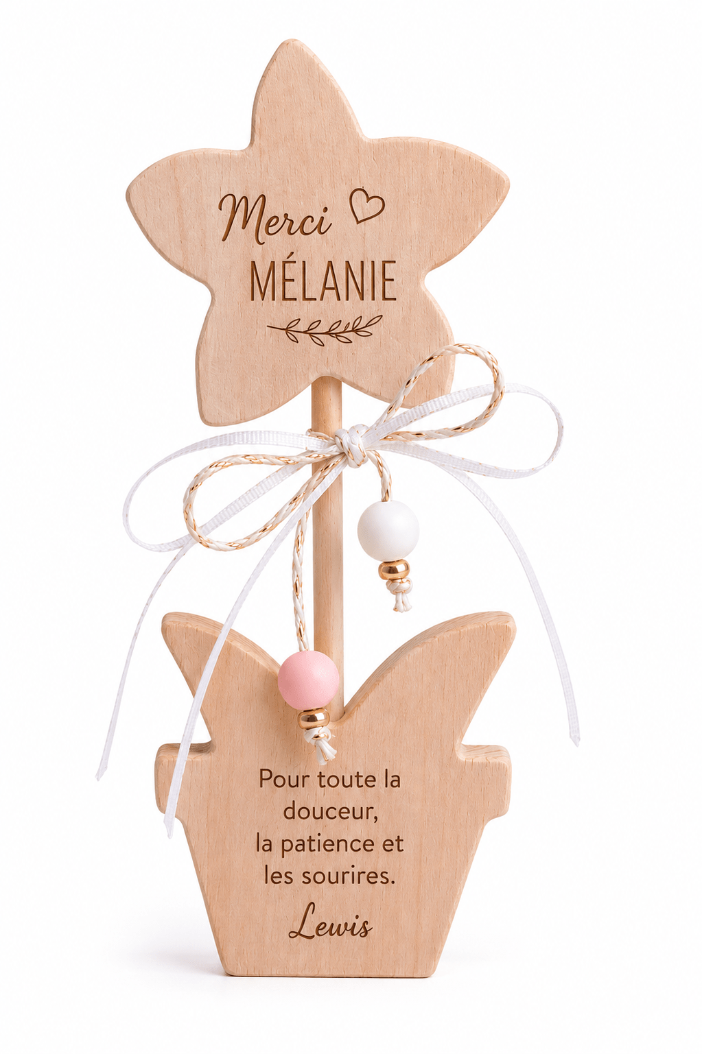 Fleur en bois personnalisée fond blanc avec ruban – cadeau maîtresse fin d'année