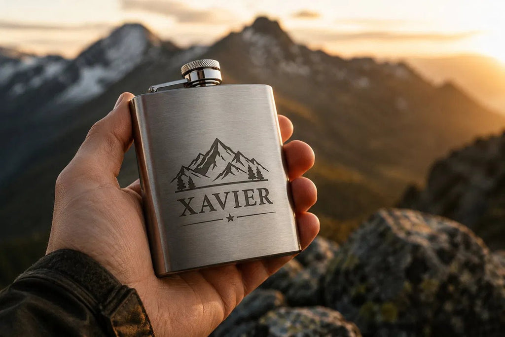 Flasque inox gravée laser motif montagnes tenue en main — cadeau homme aventurier fête des pères personnalisé