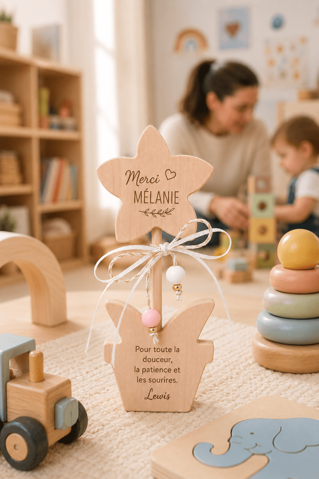 Fleur en bois avec ruban dans salle de jeux nounou – cadeau personnalisé maîtresse