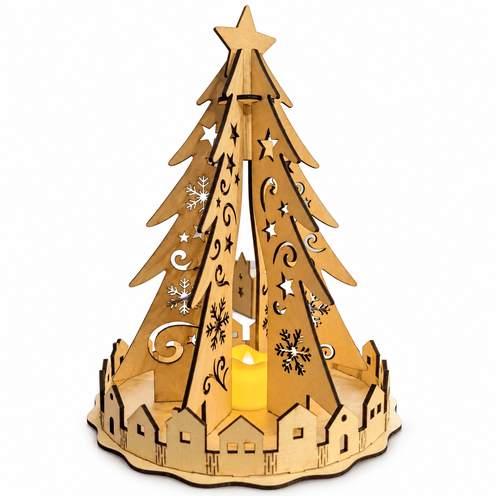 Grand sapin de Noël en bois 27 cm avec village de maisonnettes et bougie LED