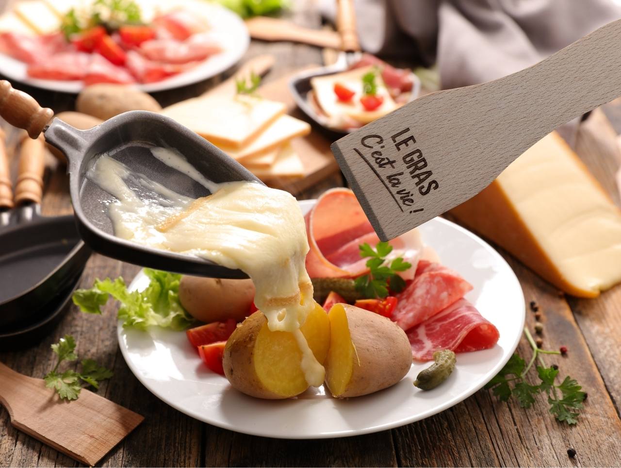 Spatule raclette bois gravure le gras c'est la vie citation humoristique