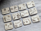 magnets mois de l'année décorés en fonction des saisons pour semainier en bois gravé modulable et évolutif. durable. en bois gravé. personnalisable