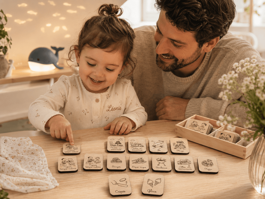 père et sa fille devant semainier magnets repas burger glace pizza crèpes, etc. Interchangeables