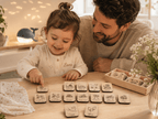père et sa fille devant semainier magnets repas burger glace pizza crèpes, etc. Interchangeables