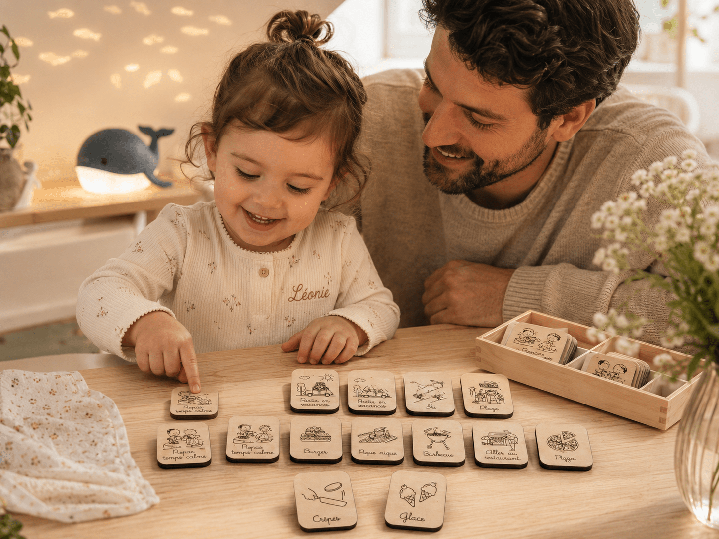 père et sa fille devant semainier magnets repas burger glace pizza crèpes, etc. Interchangeables