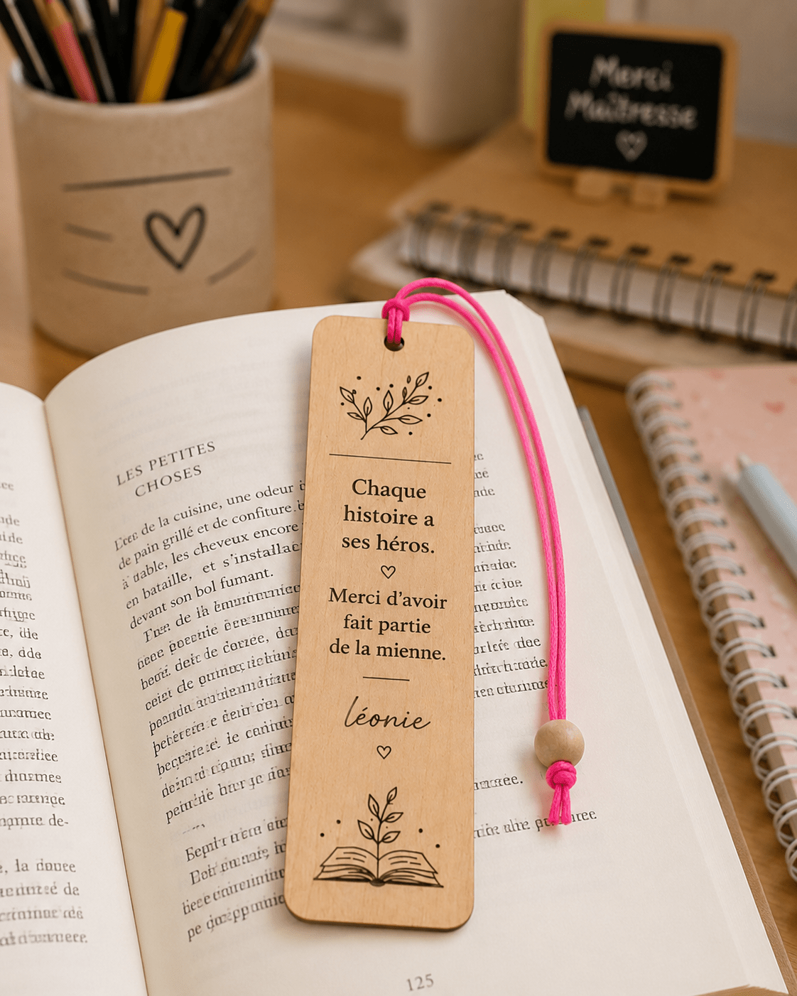 Marque-page en bois posé sur un livre ouvert – cadeau maîtresse personnalisé