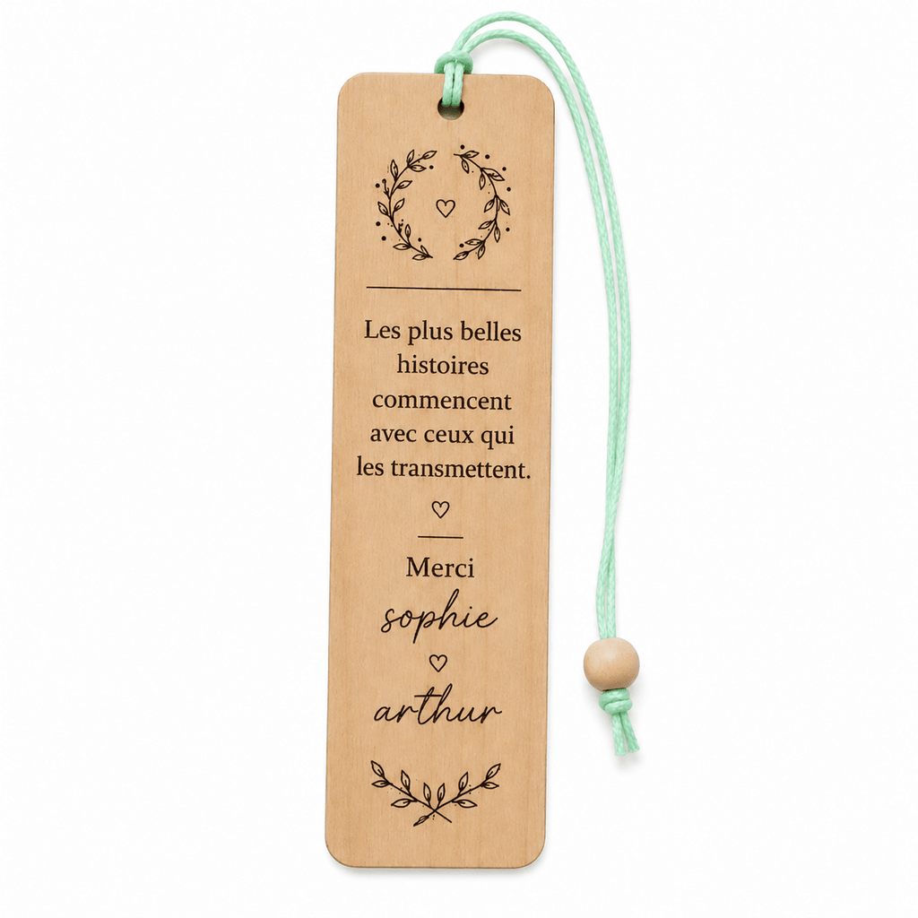 Marque-page en bois personnalisé fond blanc cordon vert – cadeau maîtresse fin d'année