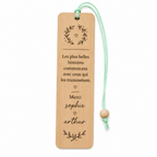 Marque-page en bois personnalisé fond blanc cordon vert – cadeau maîtresse fin d'année