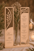 Menu de table mariage bois ajouré avec soliflore vase gravure laser personnalisé — Artesama