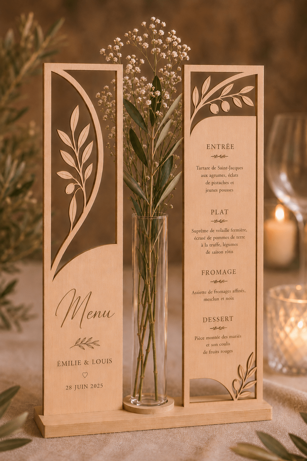 Menu de table mariage bois ajouré avec soliflore vase gravure laser personnalisé — Artesama
