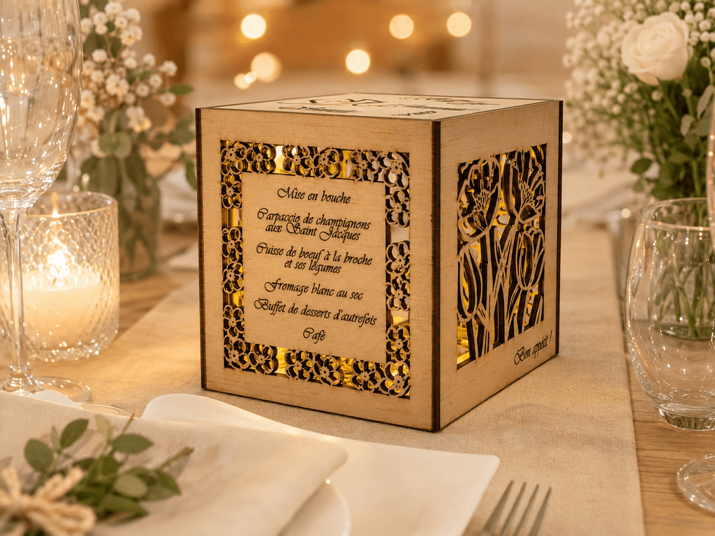 Menu mariage cube lumineux bois gravé laser personnalisé noms mariés décoration table — Artesama