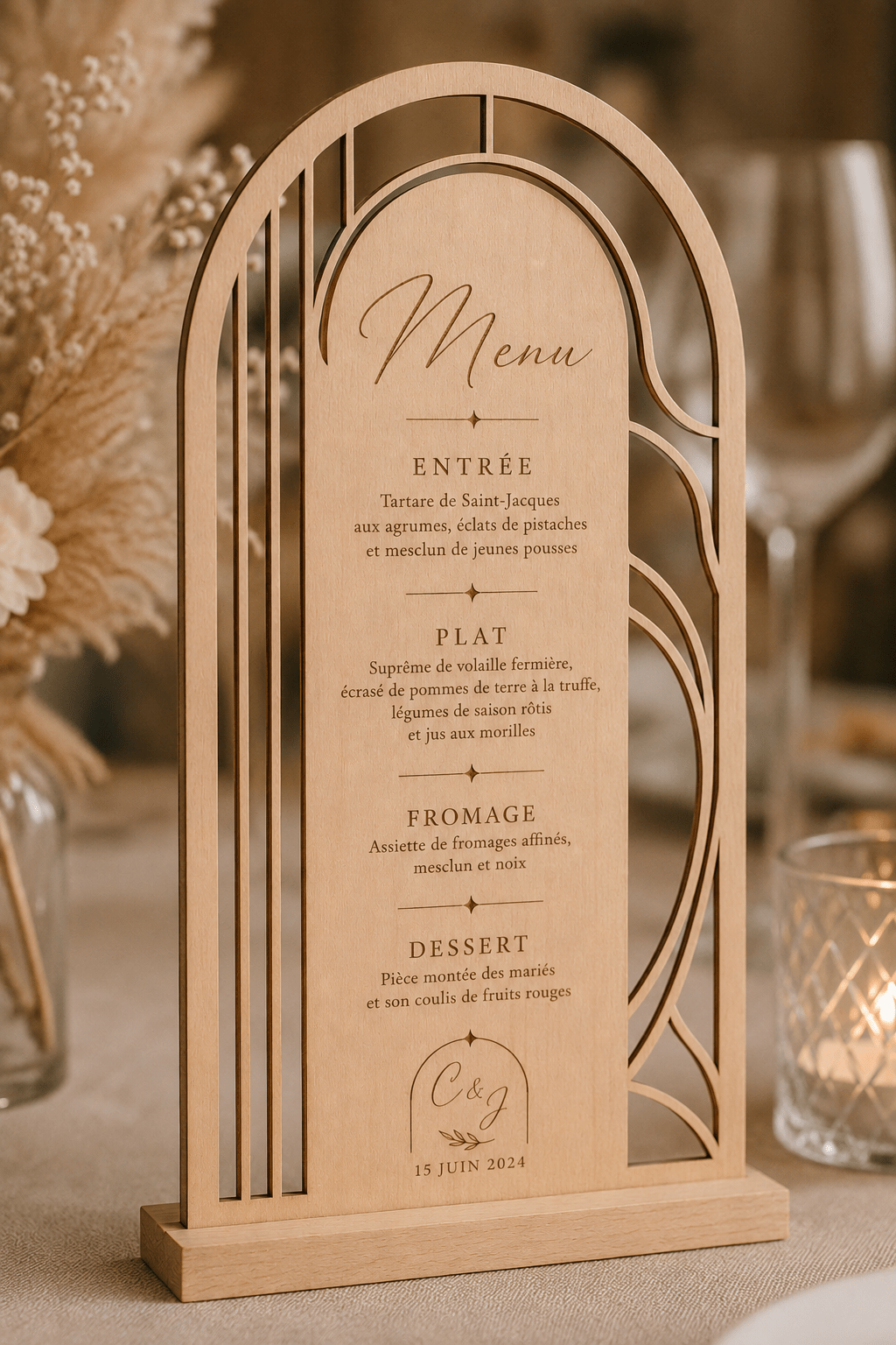Menu table mariage bois gravé arche Art Déco personnalisé prénoms date — Artesama