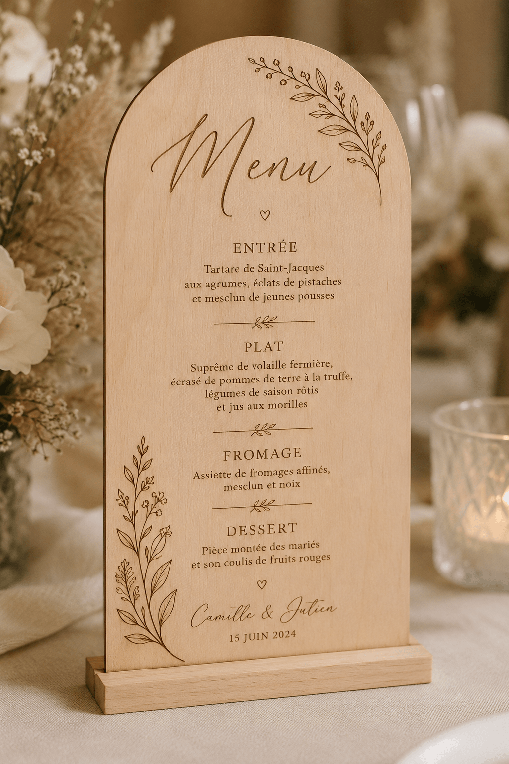 Menu mariage bois gravé bohème chic motif floral personnalisé fait main France — Artesama