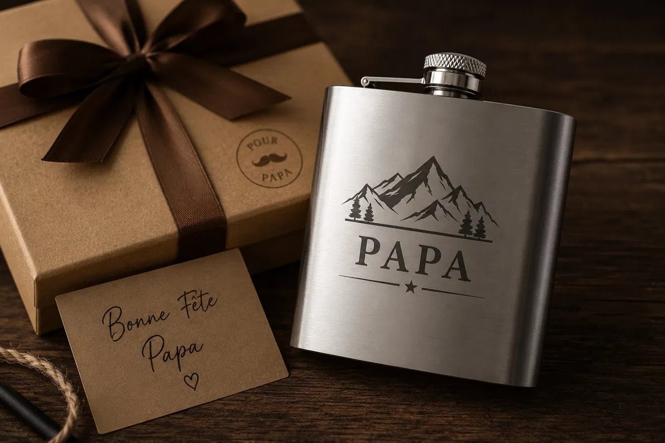 Flasque gravée personnalisée cadeau fête des pères — motif montagnes prénom PAPA — emballage kraft et carte Bonne Fête Papa
