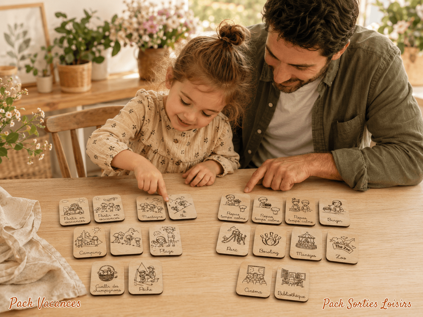 photo père et sa fille en train de jouer avec les magnets vacances et sorties loisirs du semainier personnalisé en bois