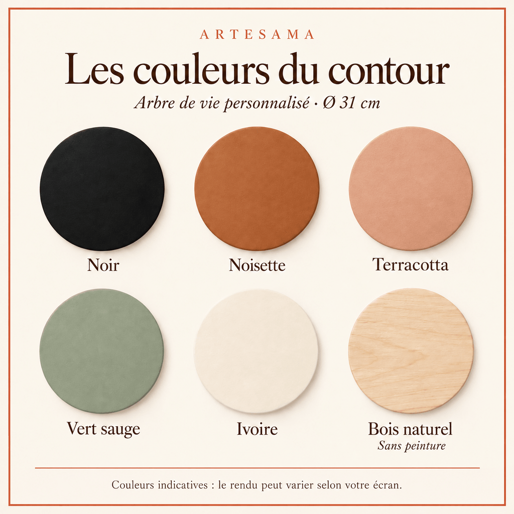 Palette des 6 couleurs de contour de l'arbre de vie personnalisé Artesama : noir, noisette, terracotta, vert sauge, ivoire et bois naturel