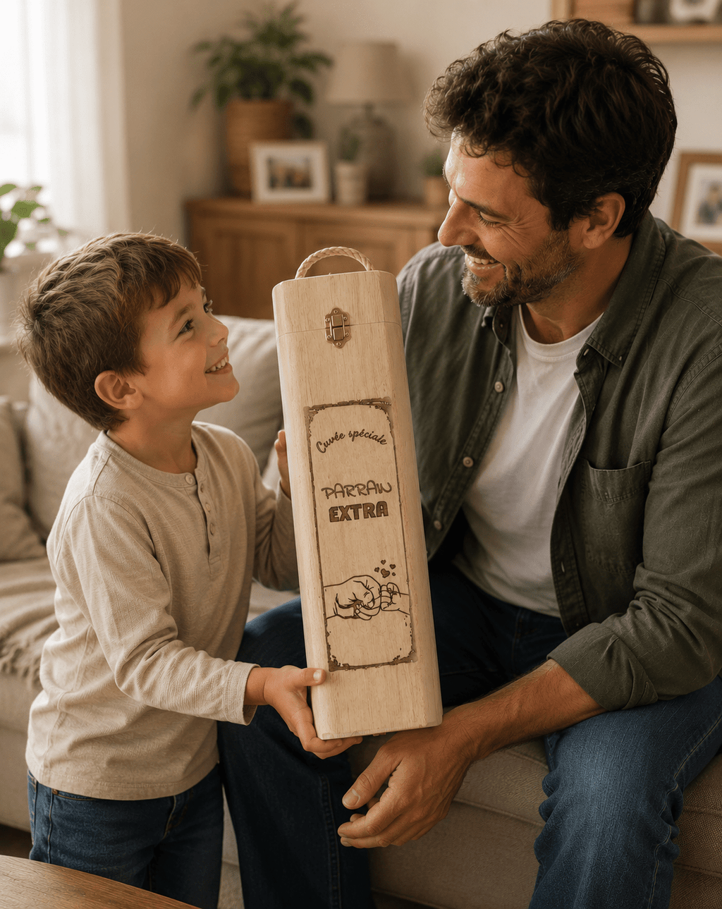 Coffret bois 1 bouteille personnalisé gravé "Parrain Extra" cadeau parrain filleul fait main France Artesama