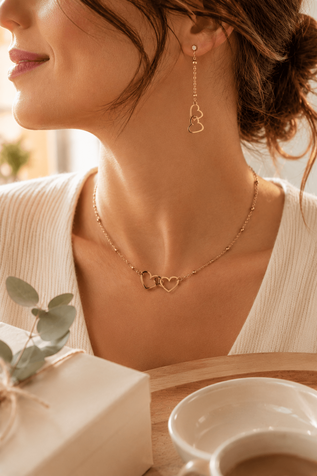 Parure bijoux dorés motif double cœur entrelacé portée par une femme : collier chaîne satellite et boucles d'oreilles pendantes longues, ambiance chaleureuse avec tasse de café et eucalyptus