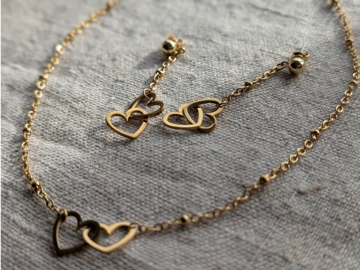 Parure De Bijoux Femme - Collier Et Boucles D'Oreilles Carrées Dorées - Acier Inoxydable - Style Chic - Neuf Avec Étiquettes