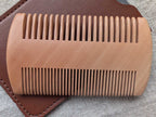 Peigne barbe bois naturel hêtre double denture dents fines larges étui façon cuir homme