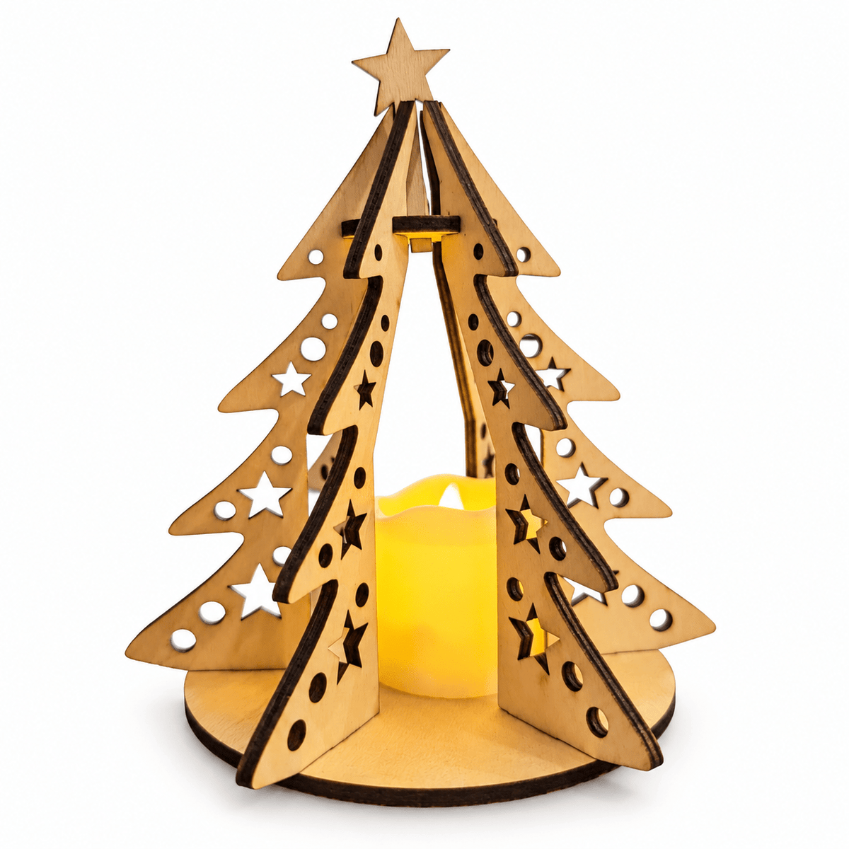 Petit sapin de Noël étoilé en bois 12 cm avec bougie LED